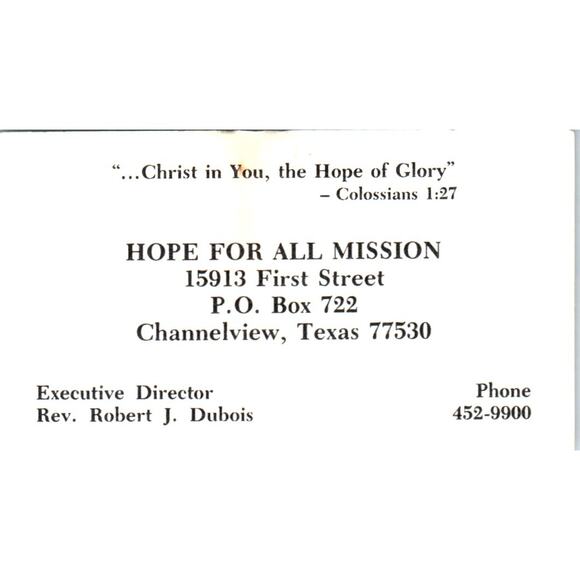 None Other - Rev Robert J. Dubois Hope for All Mission Channelview TX Business Card SD8-B4